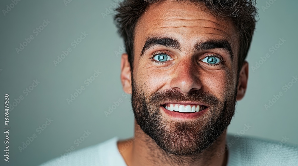 Obraz premium Man with a beard and blue eyes is smiling. He has a white shirt on. Concept of happiness and warmth