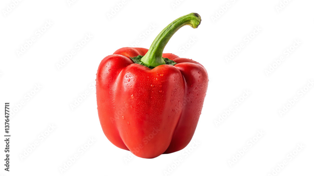 One whole red bell pepper standing upright on a white surface One whole red bell pepper standing upright on a white surface
