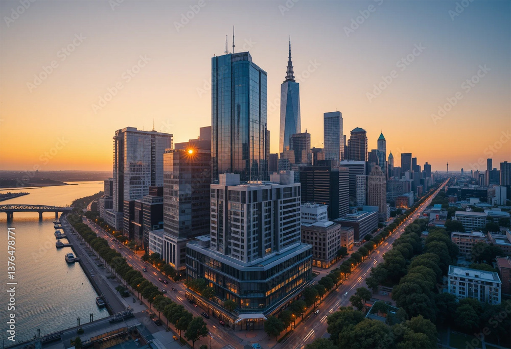 Obraz premium A stunning aerial view of a modern city skyline during golden hour, with skyscrapers reflecting the warm hues of the setting sun.