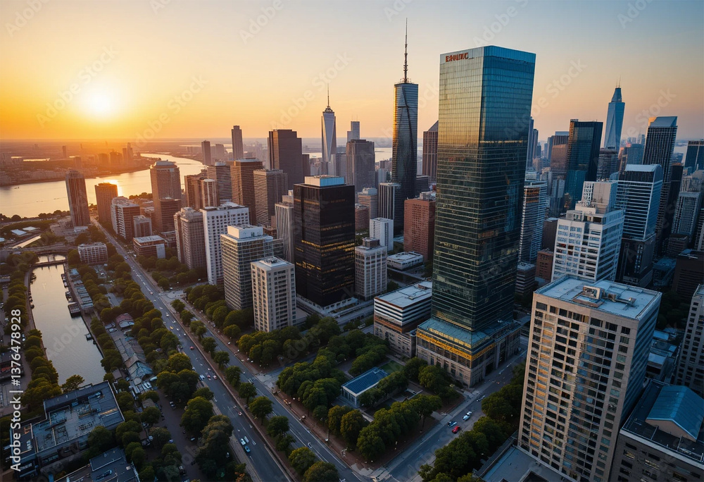 Fototapeta premium A stunning aerial view of a modern city skyline during golden hour, with skyscrapers reflecting the warm hues of the setting sun.