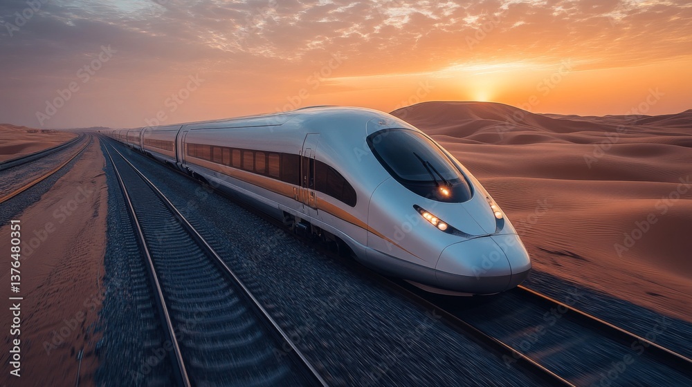 Naklejka premium A smart train moves swiftly along railway tracks in a vast desert during sunset, highlighting innovations in logistics, automation, and mobility solutions.