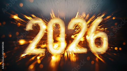 2026 Happy New Year greeting card, number 2026 made of golden light, blurred in motion, festive lights bokeh background