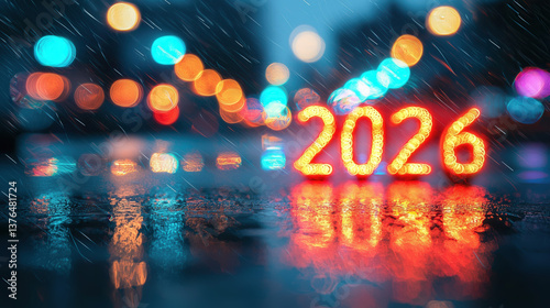 2026 Happy New Year greeting card, blurred out of focus number 2026 made of festive lights bokeh
