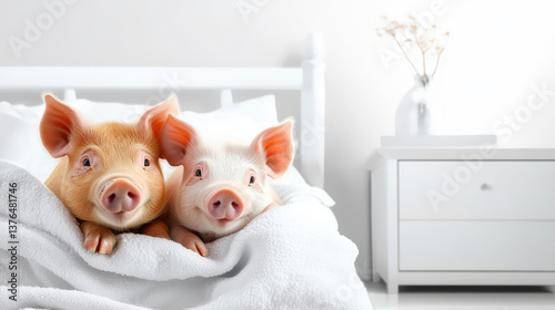 Two charming pigs nestled in a white bed, cozy sleepy pig couple family