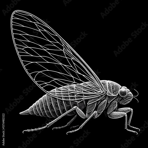 Highly detailed cicada illustration in intricate line art on black background for nature and entomology concepts