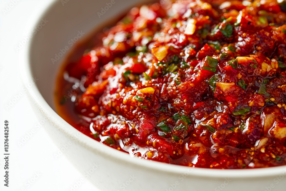 High-quality close-up of Sambal emphasizing its rich texture and color against a white backdrop. High-quality close-up of Sambal emphasizing its rich texture and color against a white backdrop.