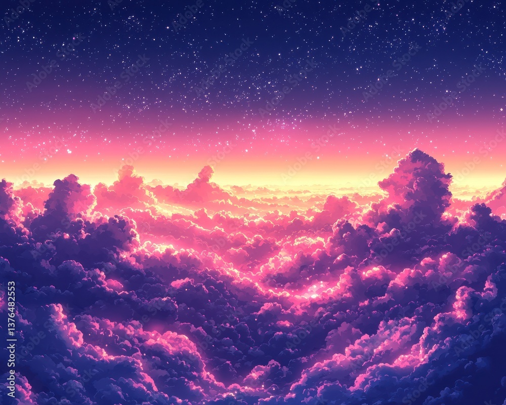 Naklejka premium Above the clouds, a vibrant sunset paints the sky with pink and purple hues, stars twinkle in the deep blue above