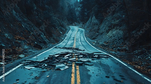 Damaged Road: An image captures a road that is severely damaged and in disrepair amidst a backdrop of towering hills. It evokes a sense of desolation, challenge, and nature's might.