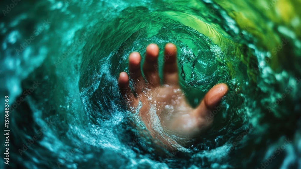 Fototapeta premium Struggling hand rescued from turbulent waters ocean depths photography underwater close-up survival