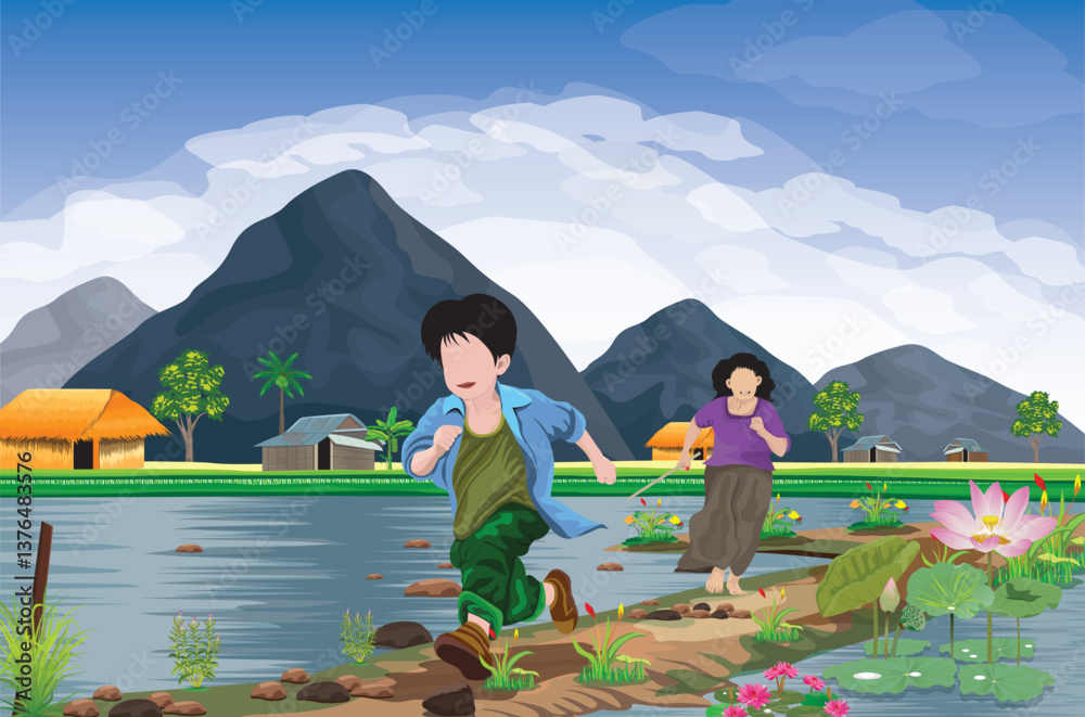 The mother was chasing her son in the middle of the rice field.