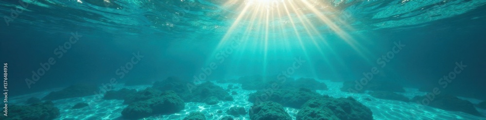 Fototapeta premium Turquoise and dark blue hues blend as sunlight filters down through the ocean's surface, light, water