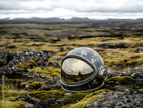 Astronaut Helmet on Volcanic Rock Landscape