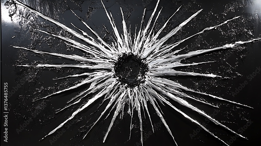 Obraz premium A black and white photo of a shattered window with a silver