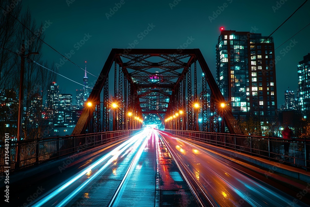 Fototapeta premium A scenic nighttime view of an illuminated bridge and city