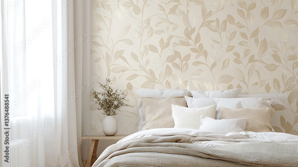 A bedroom with a white wall and a white bed with pillows