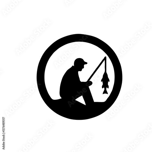 Fisherman caught a fish in circular design  