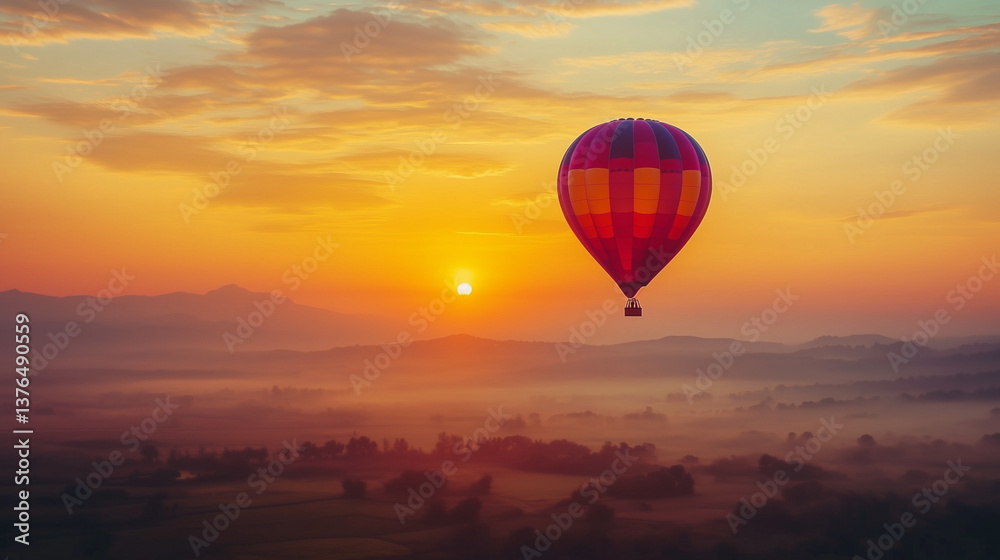 Fototapeta premium Hot air balloon flying over misty landscape at colorful sunrise