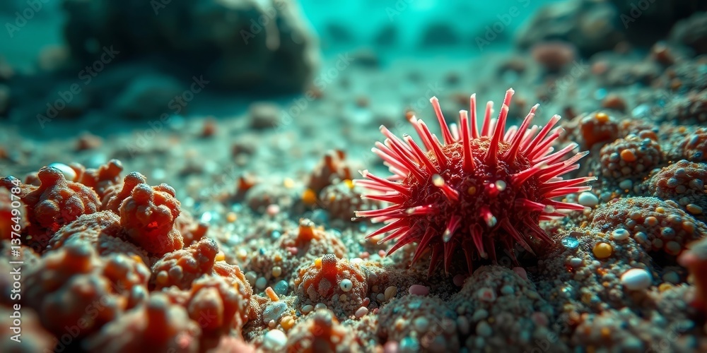 Obraz premium A vibrant red sea urchin rests on a bed of colorful ocean sediment, surrounded by diverse textures and hues of the underwater world.