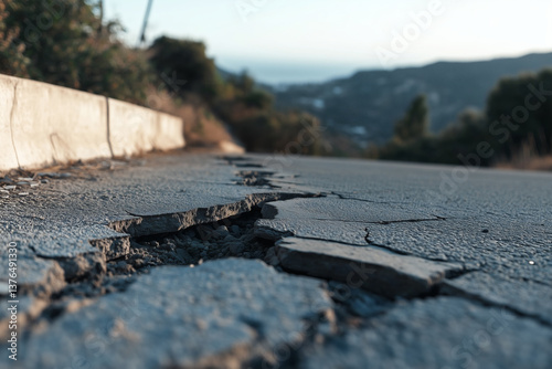 Cracked road surface displays damage, suggesting natural causes or structural failure, impacting transportation.