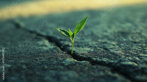 Young green plant growing through crack in asphalt
