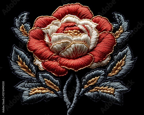 Embroidered Red Rose Closeup.