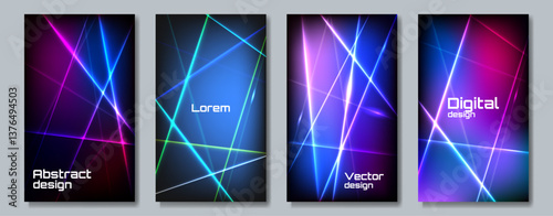 Set of neon vector poster. Dark backdrop with bright neon lines. Design for poster, cover, background, banner, invitation.