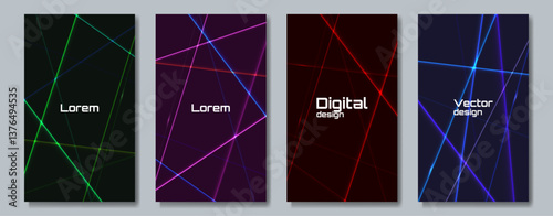 Set of neon vector poster. Dark backdrop with bright neon lines. Design for poster, cover, background, banner, invitation.