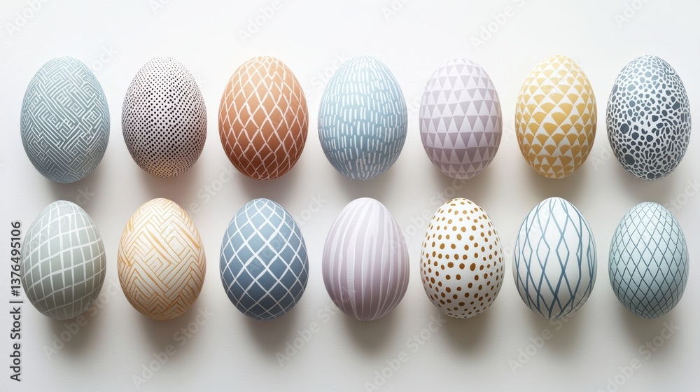 Pristine easter eggs displayed on white background with geometric patterns Pristine easter eggs displayed on white background with geometric patterns