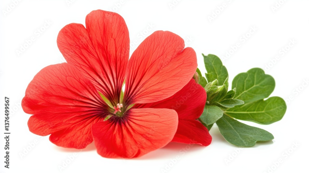 Fototapeta premium Vibrant Red Flower with Green Leaves on White Surface Background
