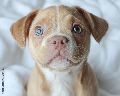 Adorable fawn-colored puppy with heterochromia iridum, looking directly at the camera