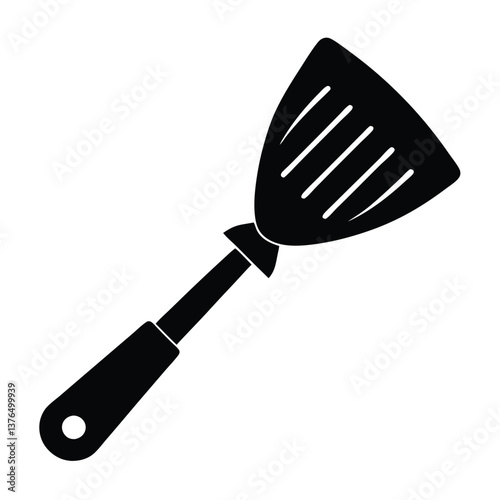 Modern Fish Turner Spatula Vector Illustration – Stainless Steel Slotted Blade with Ergonomic Wooden Handle, Heat-Resistant Kitchen Utensil