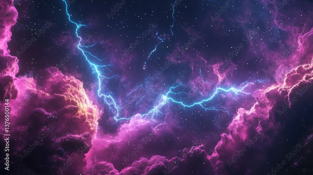 Celestial Symphony: A mesmerizing display of a lightning strike in a storm, with vibrant clouds and a starry sky creating a scene that blends beauty with the raw power of nature. Celestial Symphony: A mesmerizing display of a lightning strike in a storm, with vibrant clouds and a starry sky creating a scene that blends beauty with the raw power of nature.