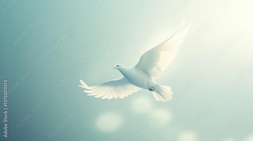 Fototapeta premium 🕊️🕊️🕊️: An image of a dove in flight, symbolizing peace and purity. The bird soars gracefully against the clear sky. It’s a gentle image evoking a sense of freedom and tranquility