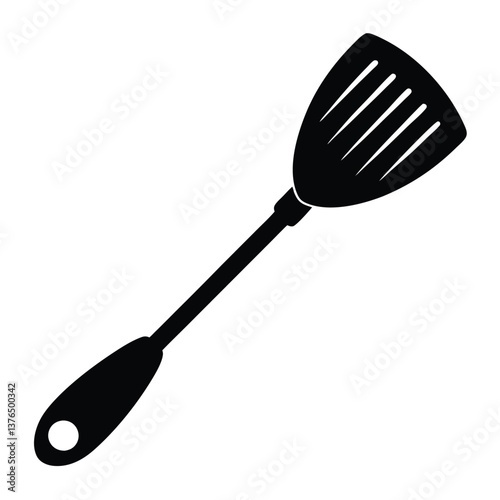 Modern Fish Turner Spatula Vector Illustration – Stainless Steel Slotted Blade with Ergonomic Wooden Handle, Heat-Resistant Kitchen Utensil