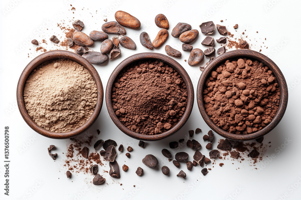 A high-resolution close-up showing the fine granules and colors of roasted cocoa powder on white canvas.