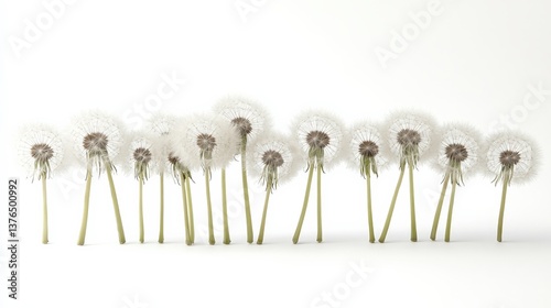 Fresh Dandelion Seed Heads on White Background in Soft Lighting