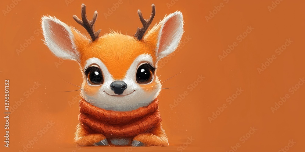 Naklejka premium Adorable orange deer fawn wearing a cozy scarf. Large eyes, small antlers