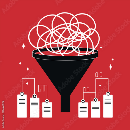 Minimalist Funnel Symbol with Tangled Lines on Red Background – Information Overload Concept