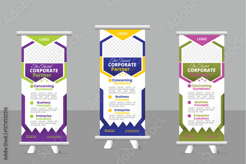 Business Roll up banner design template, vertical, abstract background, pull up design, modern colorful banner.