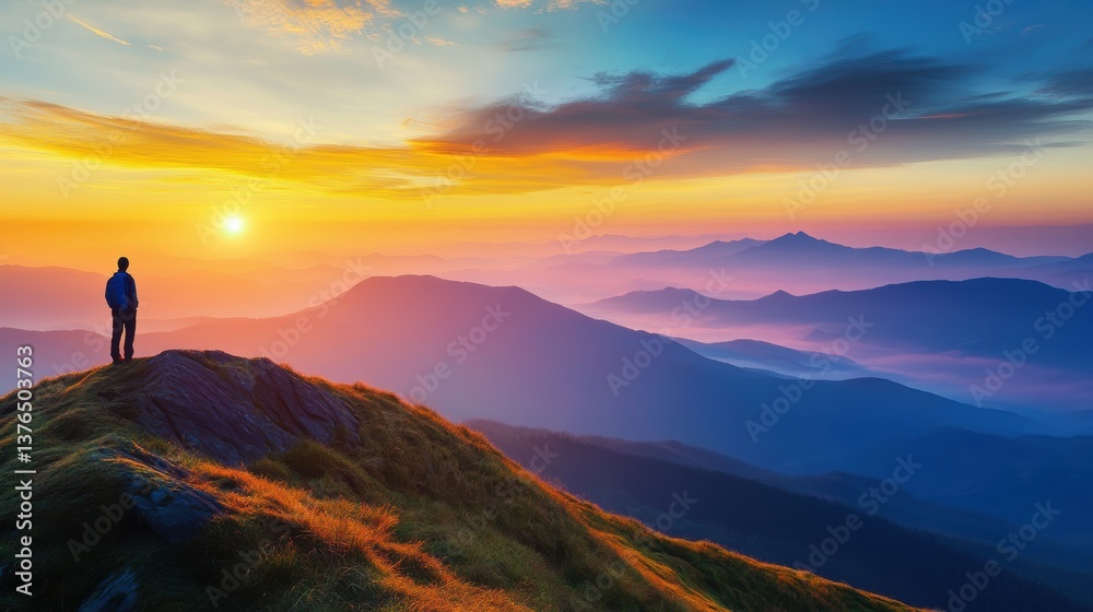 Obraz premium Solo Voyager at Dawn: A solitary figure gazes out at the vista as the first rays of sun paint the majestic mountain ranges, with hues of purple and orange.