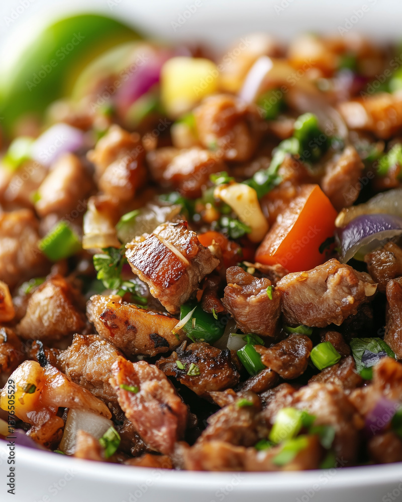 A minimalist and detailed close-up of Sisig ideal for culinary promotions.