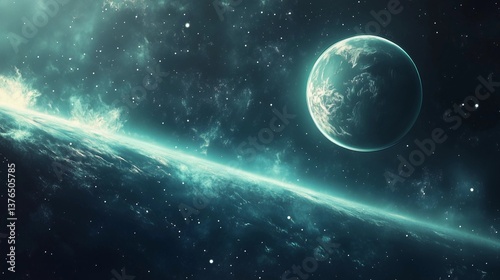 A blue planet with a large moon in the sky. The planet is surrounded by a blue and white space