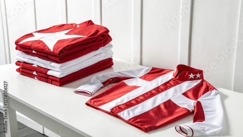 Red and white jockey silks with stars folded neatly on white table in clean minimalist room showing team identity and race preparation