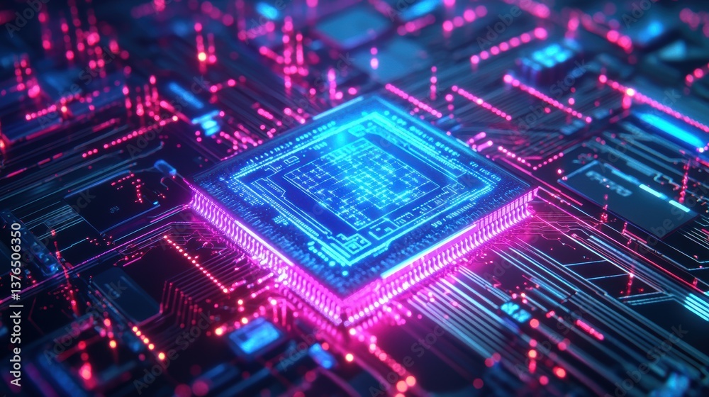 Digital Heartbeat: Close-up view of a computer microchip with a mesmerizing display of interconnected circuits, glowing in a neon-blue and magenta color scheme. Digital Heartbeat: Close-up view of a computer microchip with a mesmerizing display of interconnected circuits, glowing in a neon-blue and magenta color scheme.