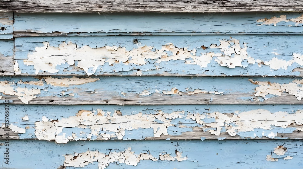 Fototapeta premium Weathered Paint on Planks: Abstract textures of peeling paint on weathered wooden planks create a sense of history and decay, evoking a feeling of nostalgia and the passage of time.