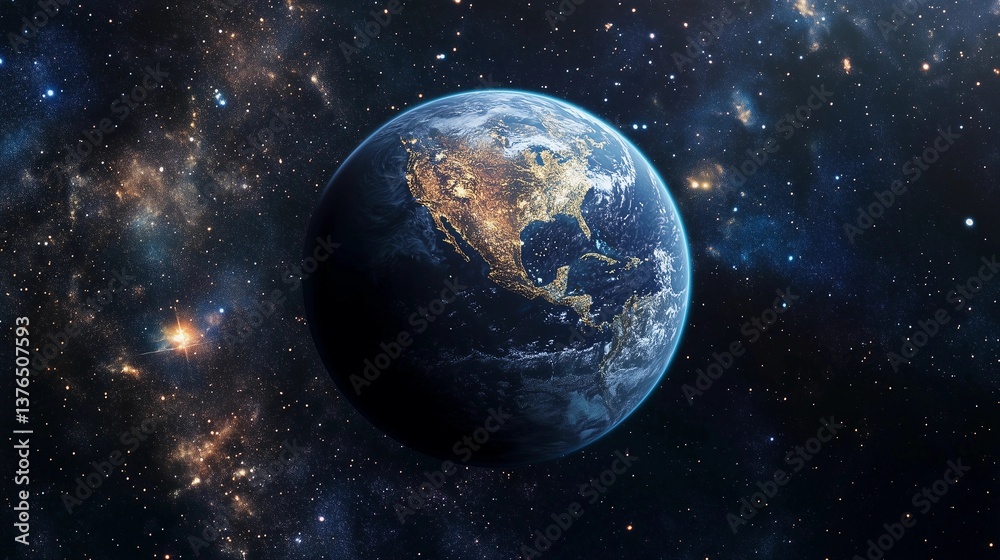 A large planet with a bright blue surface and a bright orange spot in the middle. The planet is surrounded by a vast expanse of stars A large planet with a bright blue surface and a bright orange spot in the middle. The planet is surrounded by a vast expanse of stars
