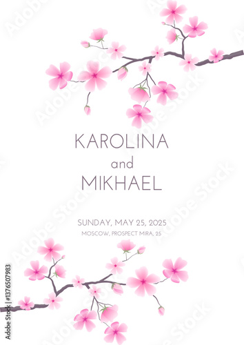 Floral wedding invitation design template with sakura branches in flat style. Banner on white backdrop and editable in vector format