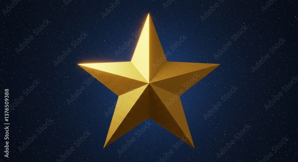 Obraz premium Golden Star Galaxy Shine - A luminous gold star shines brightly against a deep blue night sky, filled with twinkling stars. Symbolizing hope, achievement, success, guidance, and dreams