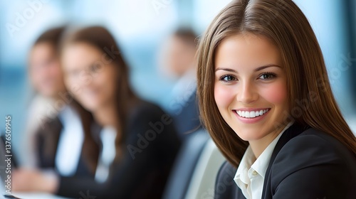 Wallpaper Mural Professional woman smiles at camera during a business meeting, exuding confidence and approachability in a bright, corporate setting. Torontodigital.ca