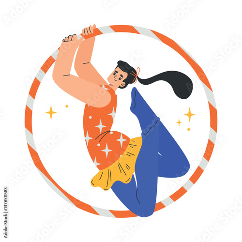 Circus Woman Artist and Actor Character with Hula Hoop Performing on Stage Vector Illustration